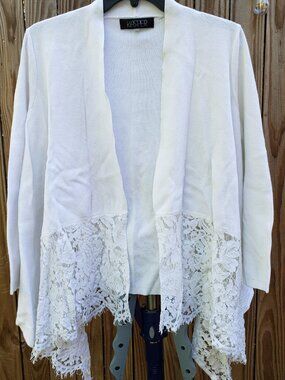 EUC KASPER bright white open cardigan with embroidered hem (M)